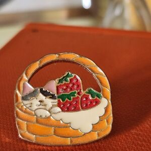 Cute Cat in Strawberry Basket Enamel Pin - Orange, Red, Green, Cream